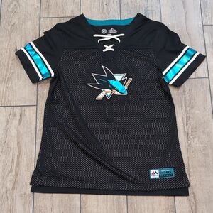 Majestic Black and Teal San Jose Sharks Hockey Jersey with Lace-Up V-Neck Detail